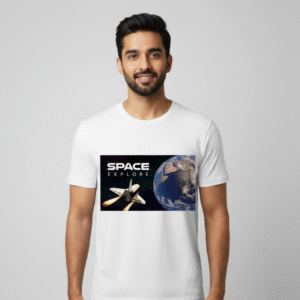 🚀 Space Explore – Astronaut & Rocket Graphic Printed T-Shirt