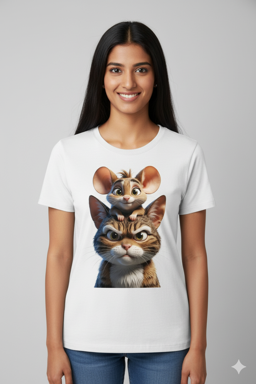 😺🐭 Cat and Mouse Cartoon Printed T-Shirt – Fun & Trendy Unisex Tee
